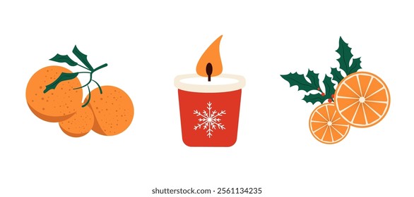 Oranges, candle, and holly leaves with orange slices illustration