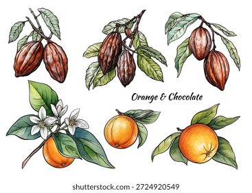 Laranjas e chocolate conjunto botânico cacau. Frutos desenhados à mão, cascas de cacau, flores de laranja, feijões e folhas em estilo culinário vintage para sobremesa, assar, cozinha, comida, doce e designs de ingredientes
