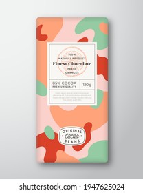 Oranges Chocolate Label. Abstract Shapes Vector Packaging Design Layout with Realistic Shadows. Modern Typography, Hand Drawn Fruit Silhouette and Colorful Camouflage Pattern Background. Isolated.