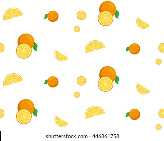 Oranges citrus background. Seamless pattern of bright colored fruits. Vector illustration.