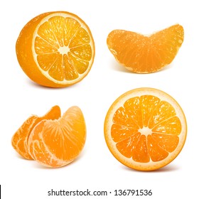 Oranges. Cut oranges and oranges slices. Vector illustration.