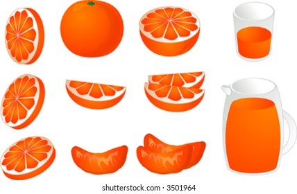 Oranges, depicting various slices, segments, halve and whole of orangs plus juice in a pithcer and a glass