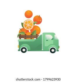 Oranges emblem, vector concept. Citrus in a truck vector Icon. Funny element for logo, packaging, print with farm fruits. Oranges delivery illustration.