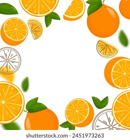 Oranges falling from different angles. Orange citrus background. Flying Orange with green leaf on transparent background. Focused and blurry fruits. Realistic 3d vector illustration.