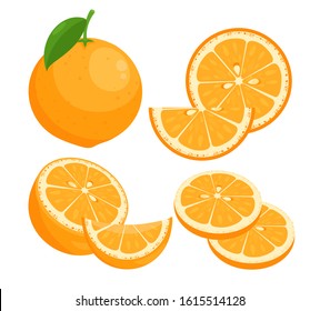 Oranges flat vector illustrations set. Juicy ripe citrus whole in peel with leaf isolated pack on white background. Summer natural fresh fruit slices with seeds design elements collection.