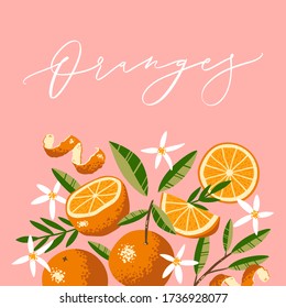 Oranges, Flowers and Leaves in hand drawn style. Vector Calligraphy inscription.