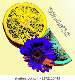 Orangen und Blumen auf rosafarbenem Hintergrund. Moderner Retro-Pop-Stil