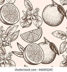 Oranges  and flowers. Vector seamless pattern .Vintage style