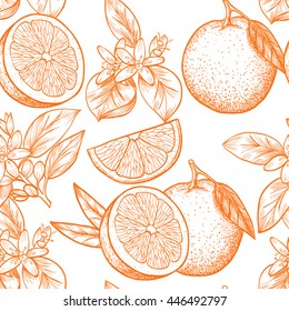Oranges  and flowers. Vector seamless pattern.Vintage style