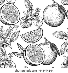 Oranges  and flowers. Vector seamless pattern.Vintage style