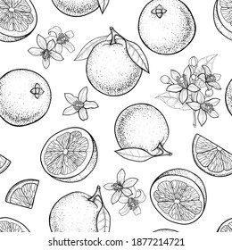 Oranges  and flowers.Vector seamless pattern.Vintage style