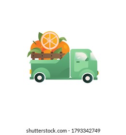 Oranges fruit emblem. Citrus in a truck vector concept. Element for logo, packaging, print with oranges.  Farm fruit icons, delivery illustration.