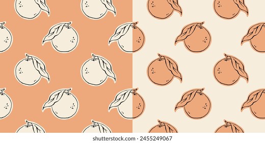 Oranges fruit vector seamless pattern. Hand drawn ink line style background design for wallpapers and kitchen textile.