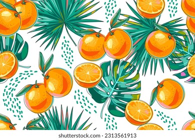 Frutas naranjas, hojas de monstera y palmeras sin costura. Fondo de verano con frutas y hojas en blanco. Impresión tropical brillante. Frutas enteras y mitades. Caricatura. Ilustración del vector