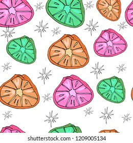 Oranges fruits seamless pattern. Endless  fruits texture,oranges fruits with stars,hand drawn  pattern on white background,textile set