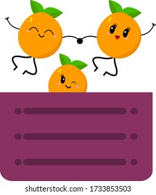oranges funny cartoon characters fruits jumping and holding hands over a food box concept of vitamins and healthy lifestyle objects on a white background