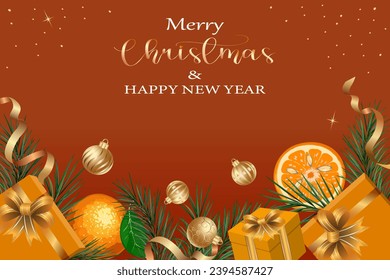 Oranges and gifts in Christmas illustration.Vector Christmas illustration with gift boxes, oranges and Christmas tree branches on a colored background with text and decoration.