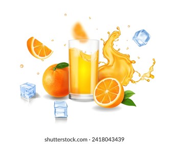 Oranges and a glass of splashing juice. Advertising isolated Fresh orange fruit slices. ice cubes on white background. Realistic vector