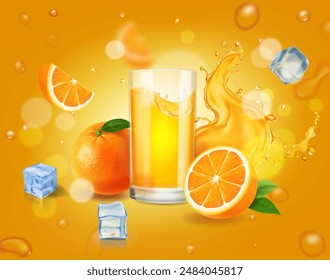 Naranjas y un vaso de jugo salpicado sobre un fondo naranja. Bebida refrescante de verano. Vector 3D realista