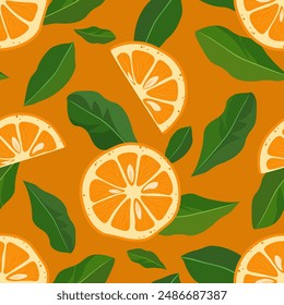 Oranges and green leaves on a orange background. Seamless vector pattern.