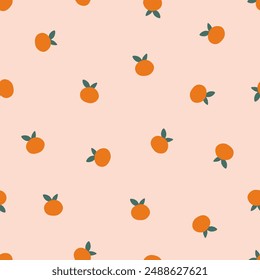 Oranges and green leaves seamless pattern vector. Cute cartoon fruit repeat pattern for fabric, wrapping, textile, wallpaper, card, paper gift, phone case.