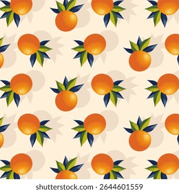 Oranges with green leaves.Vector seamless pattern with bright oranges and green leaves on a light background with shadow.