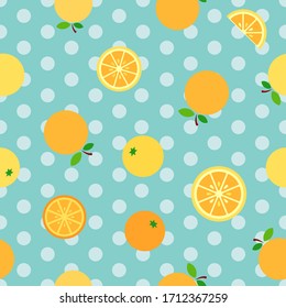 Oranges illustration with polka dots skyblue background seamless pattern