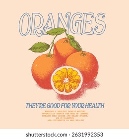 Oranges Ink Illustration With Elegant Typography, oranges print design. summer fruit print. food fashion graphics. vintage oranges retro art. t-shirt prints for orange fruit. tee for lemon vector
