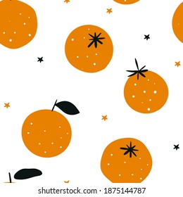 Oranges isolated on white background. Winter background. Christmas seamless pattern with fruits. Fruit oranges. Tropical seamless pattern with red oranges. Fruit repeated background. Summer Fruits.