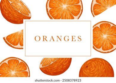 Oranges label design. Orange fruits sticker. Text box. Citrus pattern vector background. Label for food, drink, flavouring, packaging, beauty products. Uncut elements. White background