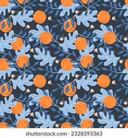 Oranges in leaves. Floral pattern. Seamless pattern, vector illustration