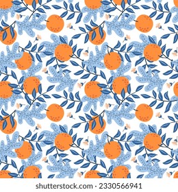 Orangen in Blättern. Blumenmuster. Nahtloses Muster, Vektorgrafik
