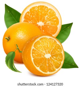 Oranges with leaves. Half cut and whole oranges. Vector illustration.