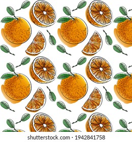 Naranjas con hojas sobre fondo blanco en vector. Patrón
