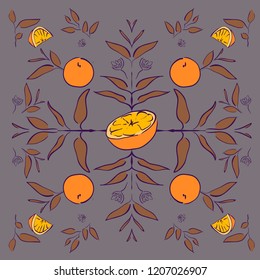 Oranges and leaves. Pattern with plants and fruits. Vector illustration, which can be used for tile, desktop wallpaper, surface textures, textile.