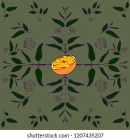 Oranges and leaves. Pattern with plants and fruits. Vector illustration, which can be used for tile, desktop wallpaper, surface textures, textile.