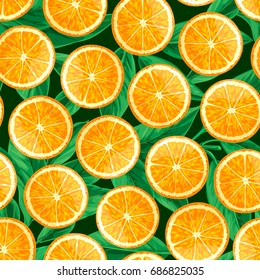 Oranges with leaves seamless pattern. Exotic fruits vector background