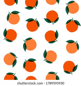 Oranges with leaves in a tossed seamless repeat on white background. Fruity vector pattern