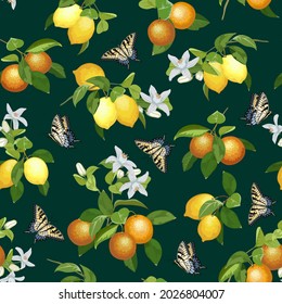 Oranges and lemons in a pattern.Oranges, lemons and butterflies on a colored background in a vector seamless pattern.