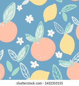 Oranges and lemons seamless pattern with leaves vector.