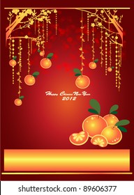 oranges mandarin hanging on the tree background for traditional of Chinese New Year Festival. Vector invitation card.