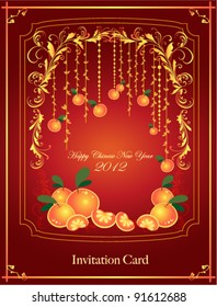 oranges mandarin hanging on the tree background for traditional of Chinese New Year Festival. Vector invitation card.