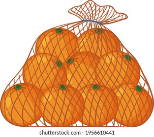 Oranges In Net Bag Cartoon Style Isolated On White Background Illustration