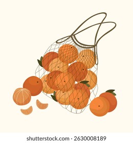 Naranjas en estilo de dibujos animados de bolso neto aislado en ilustración de fondo blanco
