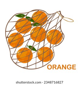 Oranges in a net bag are environmentally friendly for grocery stores Organic fruits, vegetables, and supermarket products.