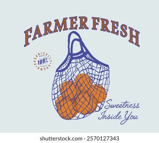 Oranges in net bag print art, Retro vintage fruit vector artwork for t shirt, poster, graphic print, Farm fresh orange hand drawn illustration 