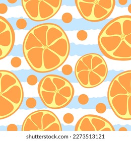 Oranges on blue stripes seamless vector fruit pattern. Oranges sand abstract stripes seamless vector repeat pattern. Suitable for textile, fabric, fashion, clothes, printing and much more.