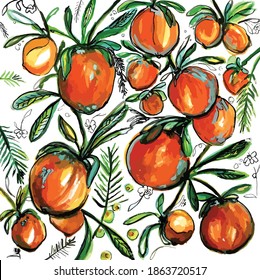 Oranges On branch Botanical watercolor illustration hand drawn fruit garden home grown red orange