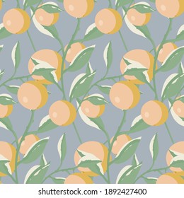 oranges on branches with green leaves pastel colors seamless vector pattern, citrus fruit print