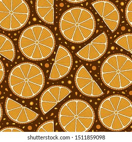Oranges on a dark background seamless pattern. Hand drawn vector illustration in doodle style for summer cover, citrus tropical wallpaper, vintage texture.